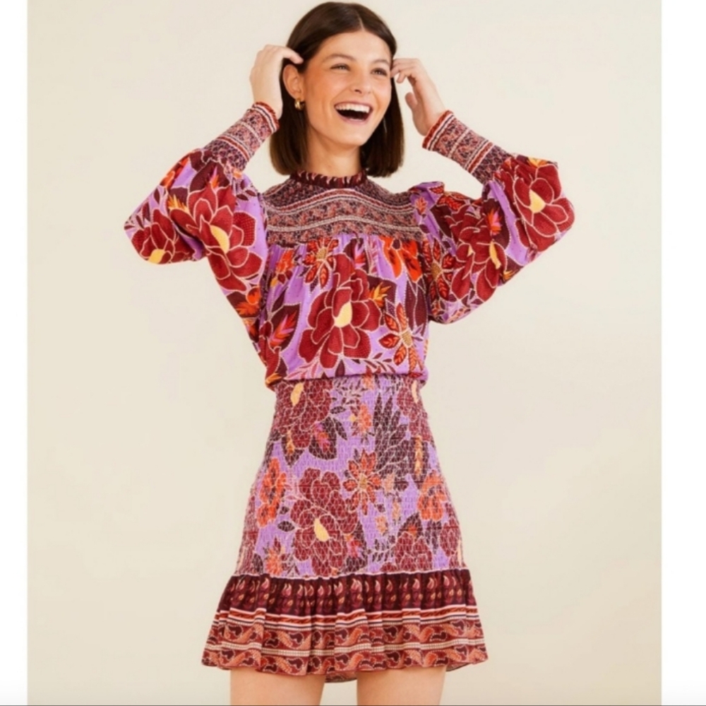 Farm Rio Sweet Floral Long Sleeve Mini Dress L - Picture 2 of 16